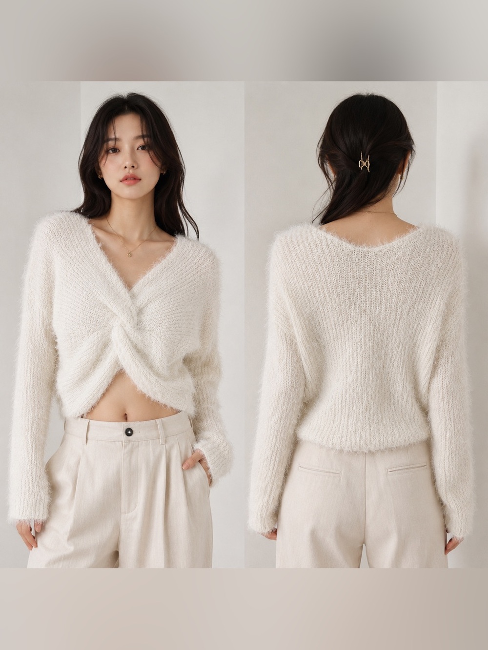 Miroh Fuzzy Knit Twist Front Cropped Sweater Ivory Long Sleeve Soft Cozy Top